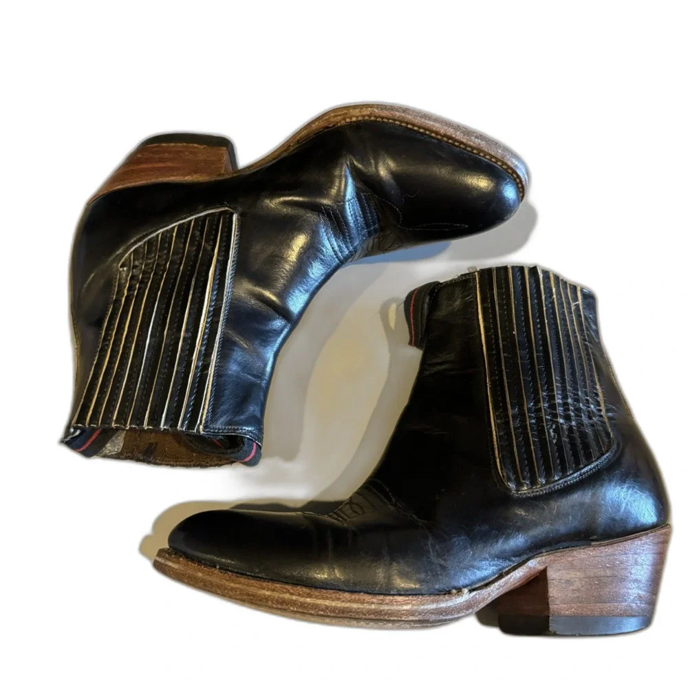 Vintage Boots Black Leather Chelsea Ankle Western Cuban Heel Slip On Women 9/9.5